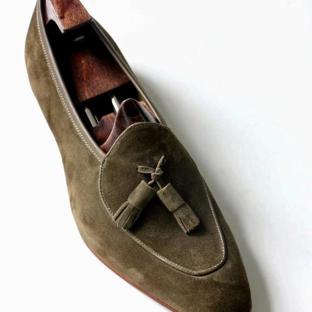 Green Suede Slip-On Loafers with Monk Strap